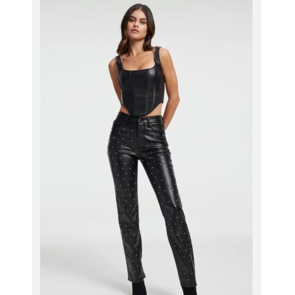 Good American Crystal Embellished Faux Leather Straight Leg Pants Size 27‎ - Picture 1 of 11